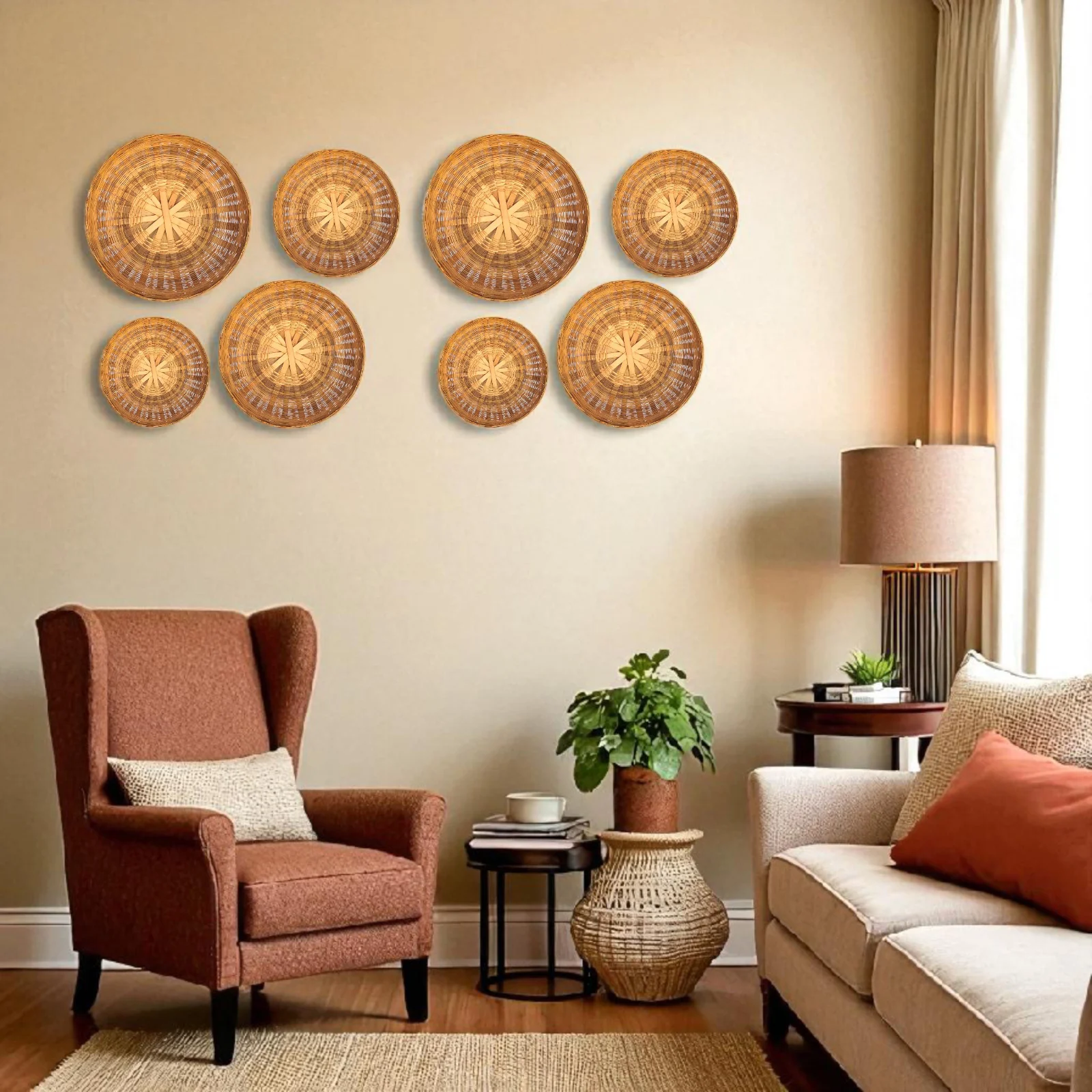Living room with a wall display of 8 handwoven bamboo baskets arranged in a boho pattern.