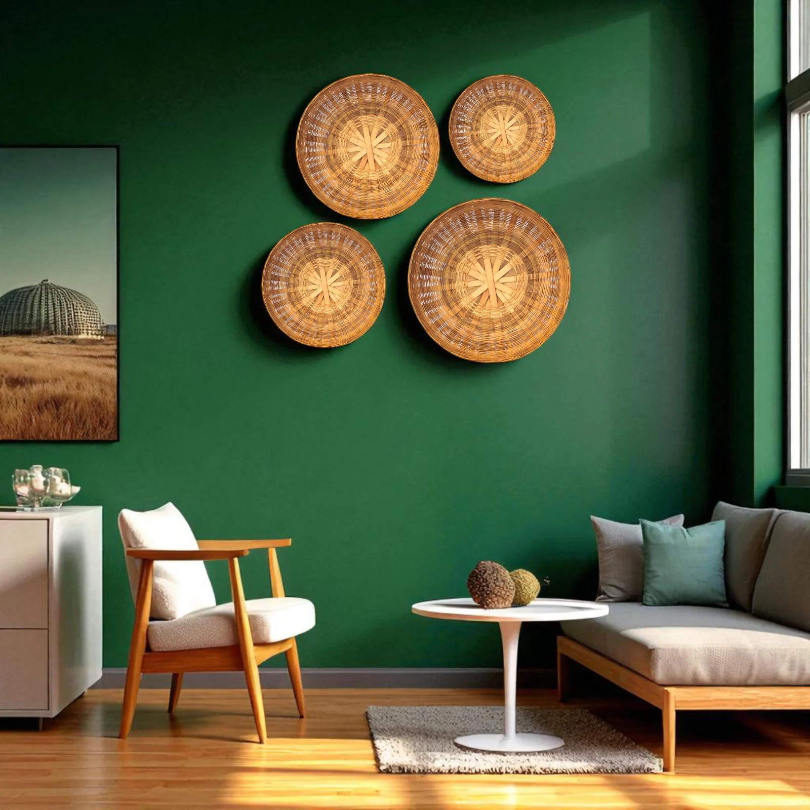 Modern living room with green accent wall decorated with a set of 4 handwoven bamboo wall baskets.