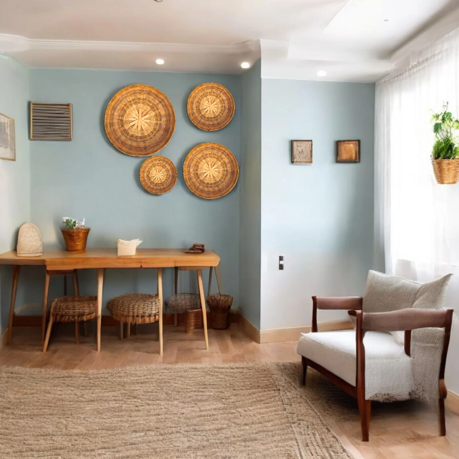 Minimalist room with a light blue wall decorated with a set of 4 handwoven bamboo wall baskets.