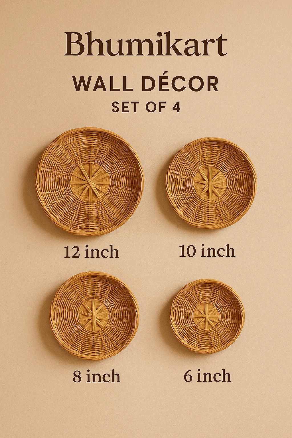 Infographic showing a set of 4 handwoven bamboo wall baskets in sizes 12, 10, 8, and 6 inches from Bhumikart.