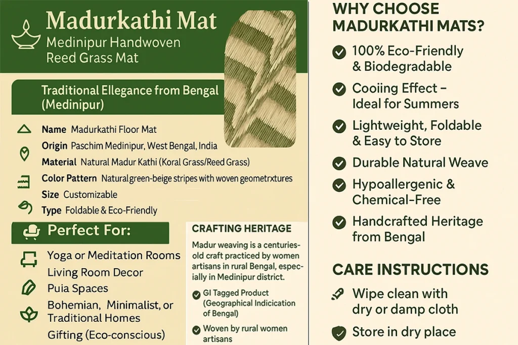 Infographic about Madurkathi Mat, a handwoven reed grass mat from Medinipur, West Bengal, India.