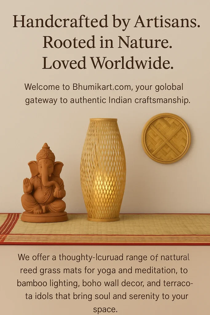Handcrafted Indian decor items including a terracotta Ganesha idol, bamboo lamp, and wall decor with text highlighting Bhumikart.com’s global appeal
