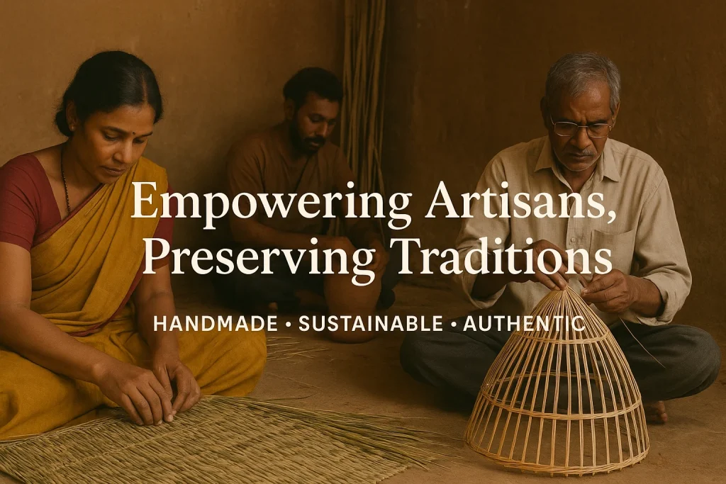 Bhumikart About Us banner showing Indian artisans handcrafting grass mats and bamboo lighting with text 'Empowering Artisans, Preserving Traditions – Handmade, Sustainable, Authentic'.