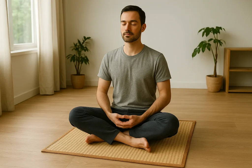 Meditator sitting cross-legged on a natural madurkathi mat indoors