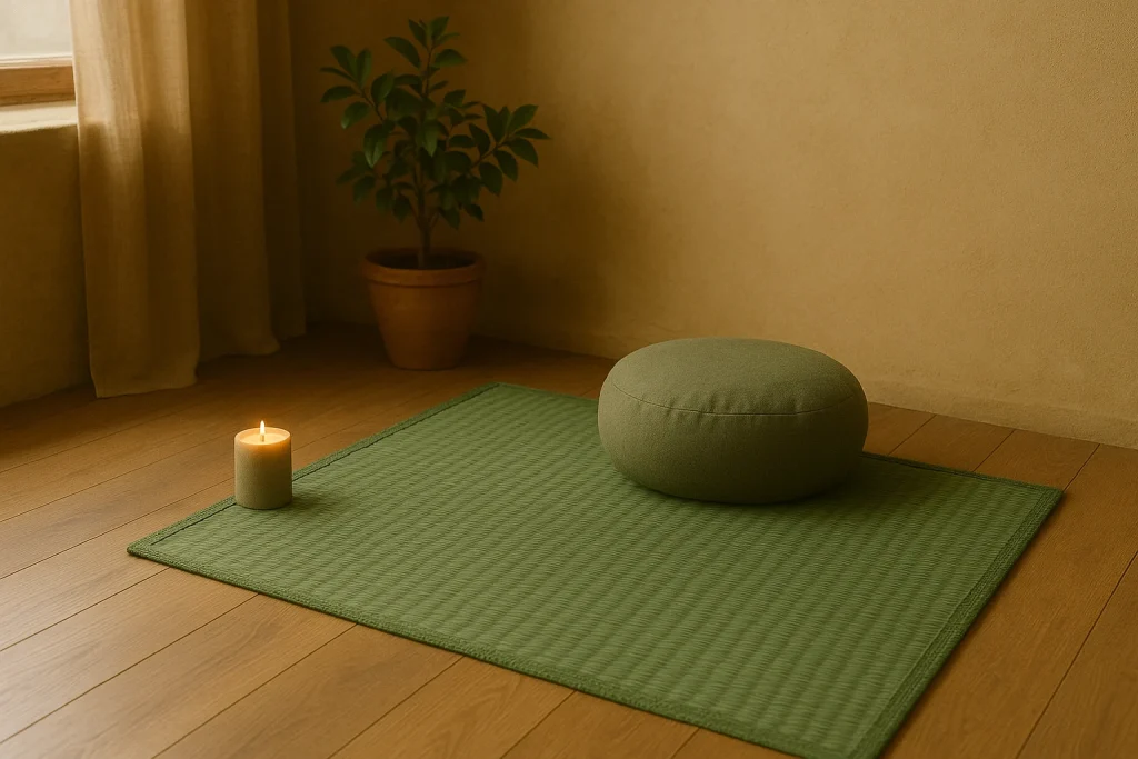 Meditation corner setup with natural madurkathi mat and candle