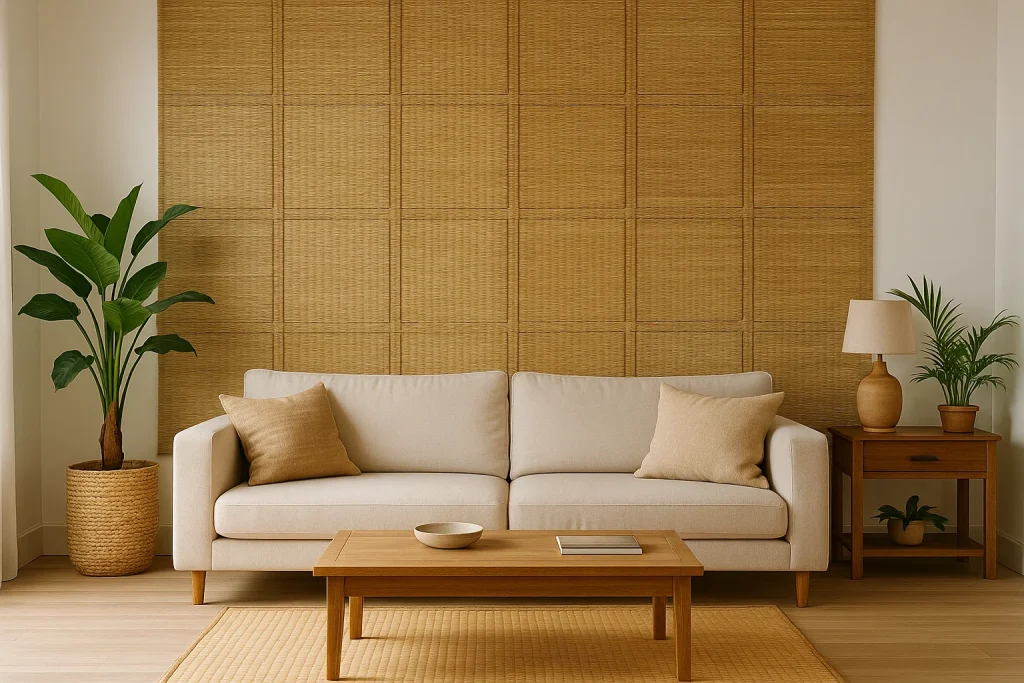 Living room with natural grass mats used as wall panels behind sofa