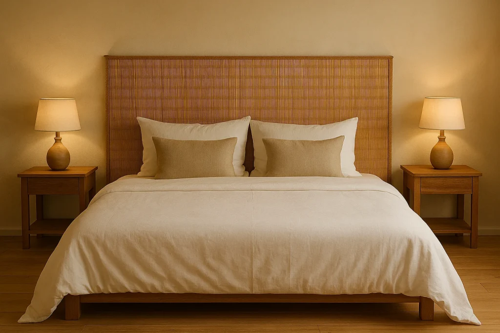 Bedroom with bamboo mat used as a natural headboard behind bed