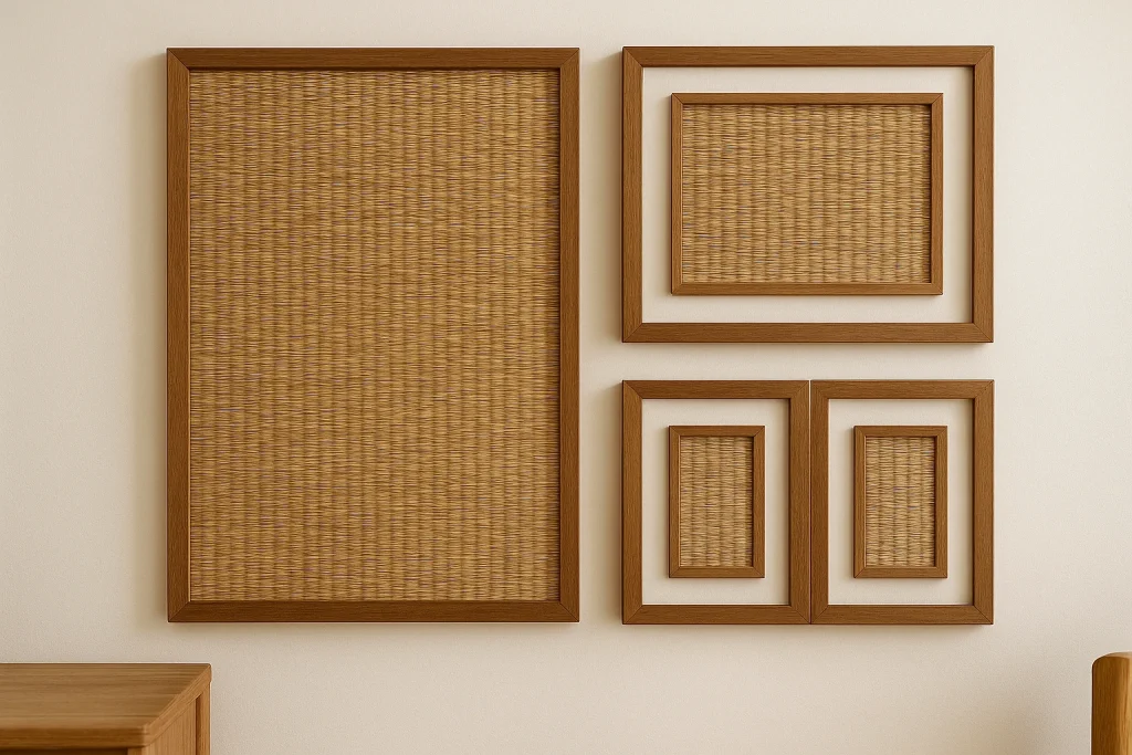 Framed handwoven grass mat used as eco-friendly wall art