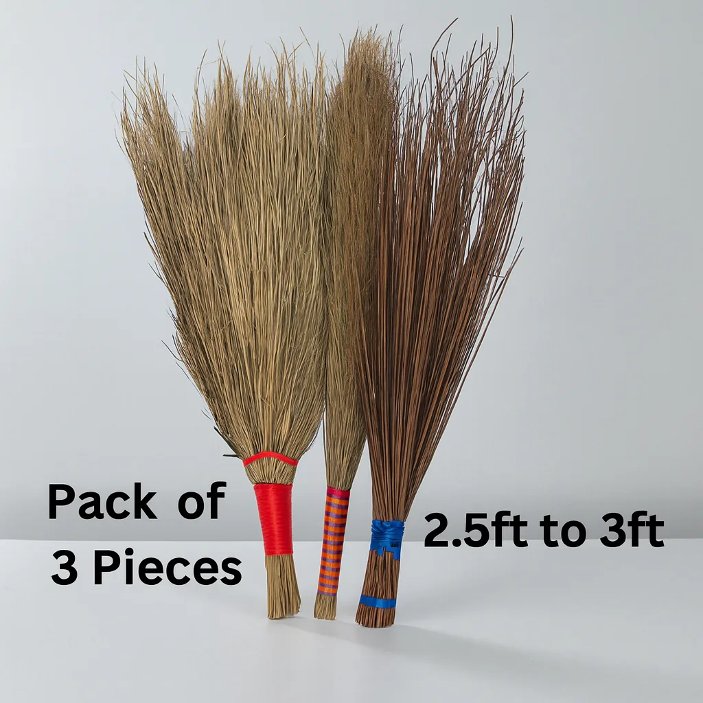 Set of 3 handmade natural palm and coconut brooms, eco-friendly cleaning tools, 2.5ft to 3ft long.