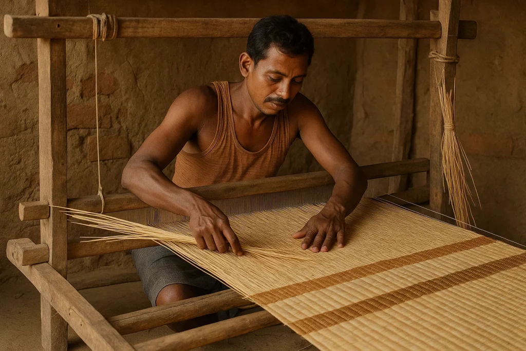 Indian artisan hand-weaving a traditional madurkathi (korai grass) mat on a wooden loom inside a rural workshop.