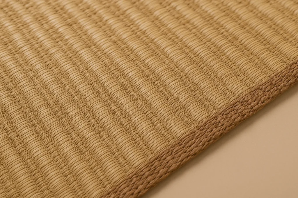 Close-up view of a handwoven madurkathi (korai grass) yoga mat showing natural beige and brown fiber weave texture.