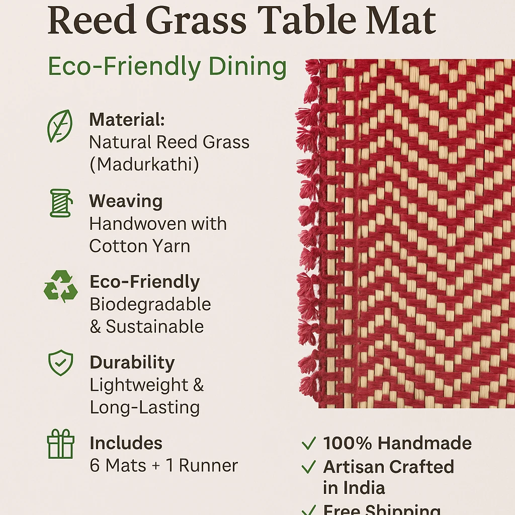 Infographic of handmade reed grass (madurkathi) table mat with eco-friendly features, sustainable materials, and product details.