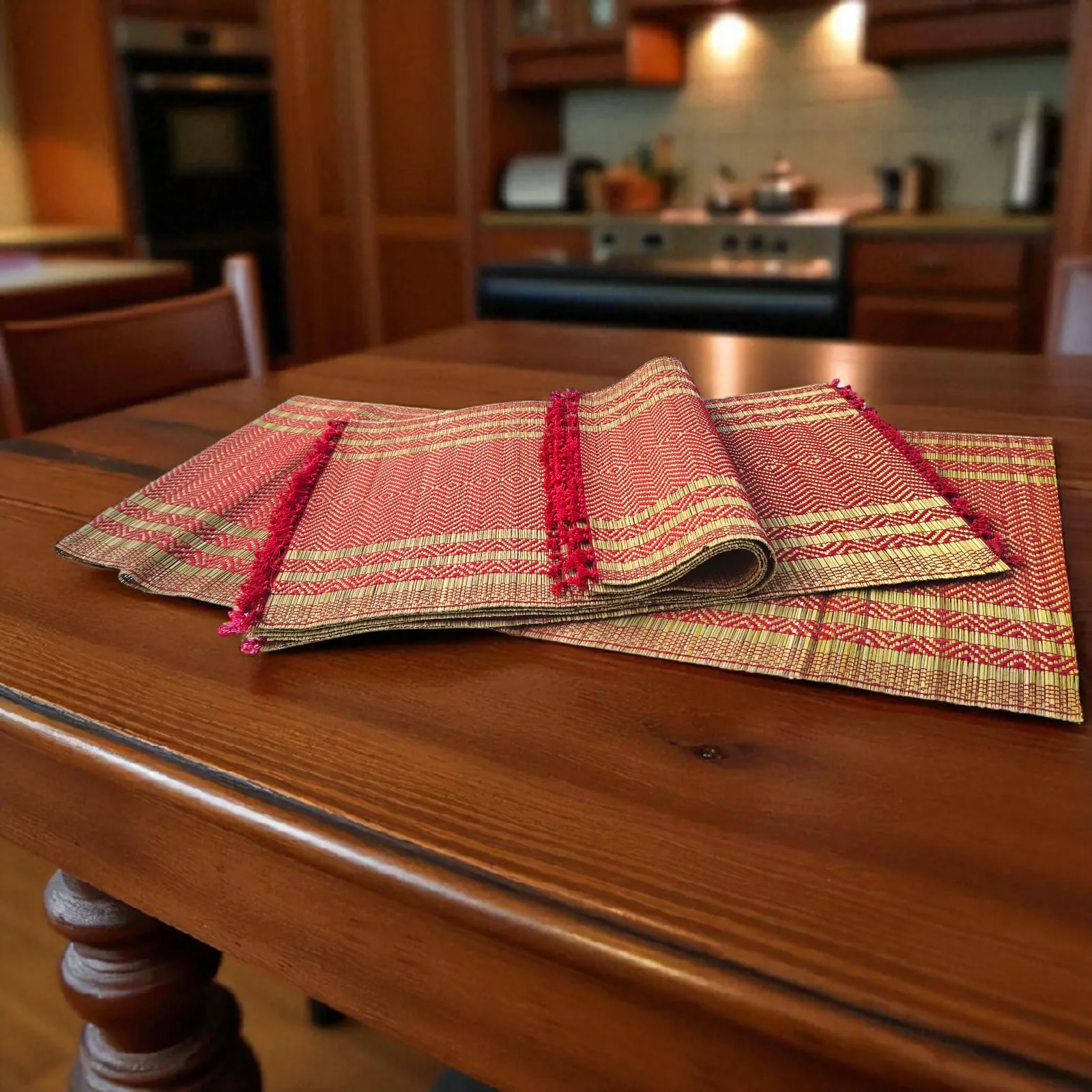 Handmade reed grass (madurkathi) table mats with red yarn design placed on a wooden dining table.