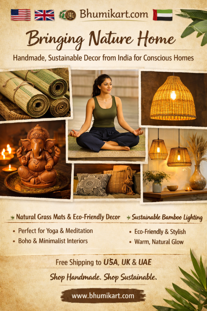 Handmade eco-friendly home decor from India featuring natural grass mats, bamboo lighting, terracotta clay idols, and a yoga meditation setup for sustainable and mindful living.