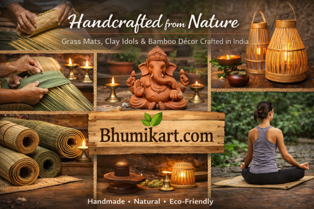 Handcrafted grass mats, terracotta Ganesha idol, bamboo décor, and yoga mat made by Indian artisans using natural materials.