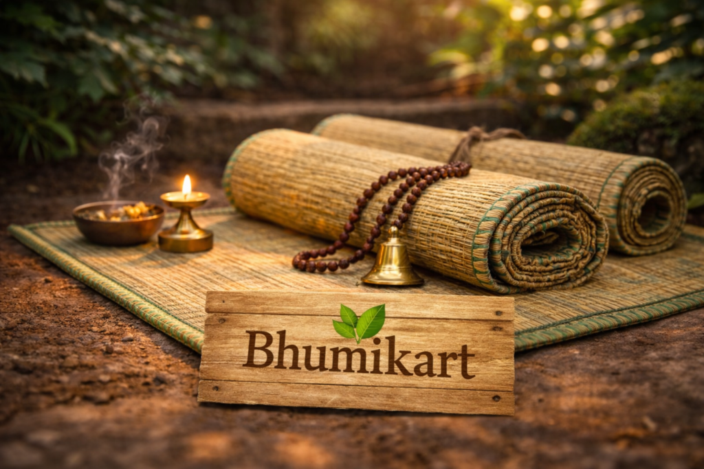 Handwoven natural madurkathi grass mats with Bhumikart brand name, crafted by Indian artisans using eco-friendly materials.