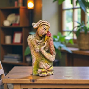 Handmade terracotta romantic woman figurine holding a rose, crafted from natural clay and displayed on a wooden table in a warm home interior.
