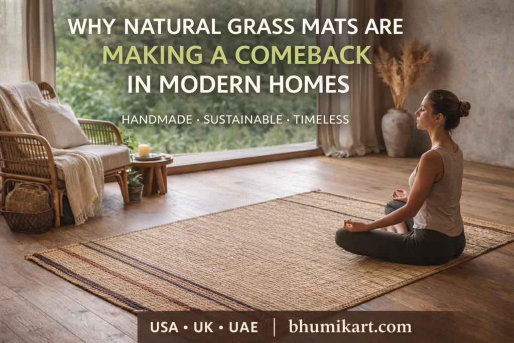 Woman meditating on a handwoven Madurkathi (Korai grass) mat in a modern minimalist home, showcasing natural grass mats for wellness and sustainable living.