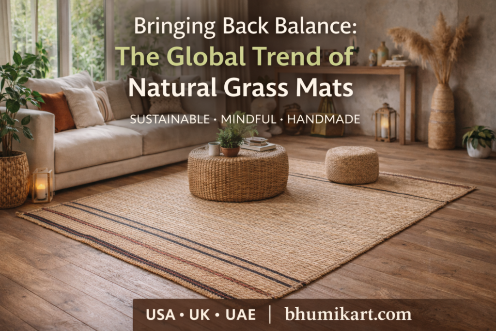 Handwoven natural grass mat styled in a modern boho living room with wooden flooring, rattan furniture, and eco-friendly decor, highlighting sustainable home interiors.