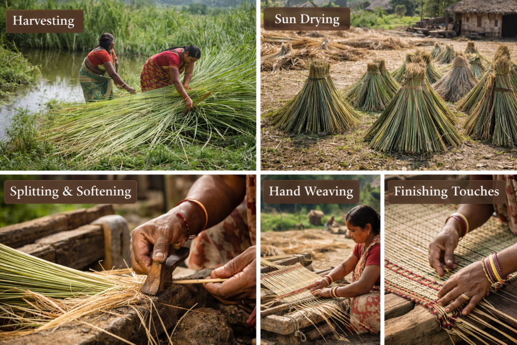 Step-by-step process of Madurkathi mat making, showing Korai grass harvesting, sun drying, hand splitting, traditional loom weaving, and final finishing by rural Indian artisans.
