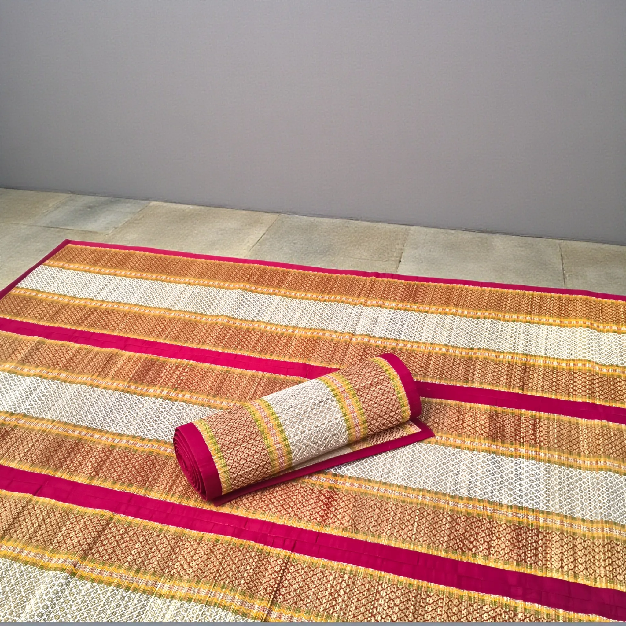 Handwoven Korai Grass Floor Mat with Traditional Beige and Red Border – Eco-Friendly Handmade Mat by Bhumikart