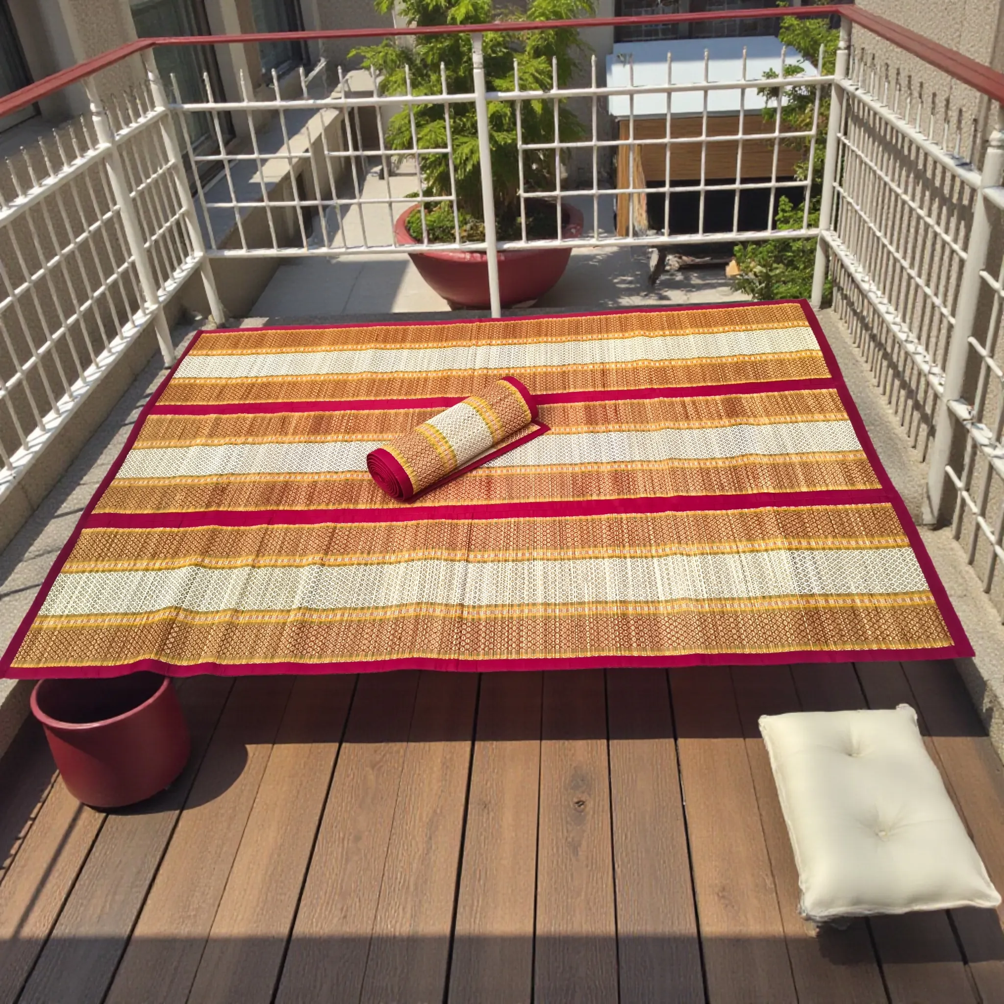 Large Handwoven Korai Grass Madur Mat with Traditional Pattern on Balcony – Eco-Friendly Natural Floor Mat by Bhumikart