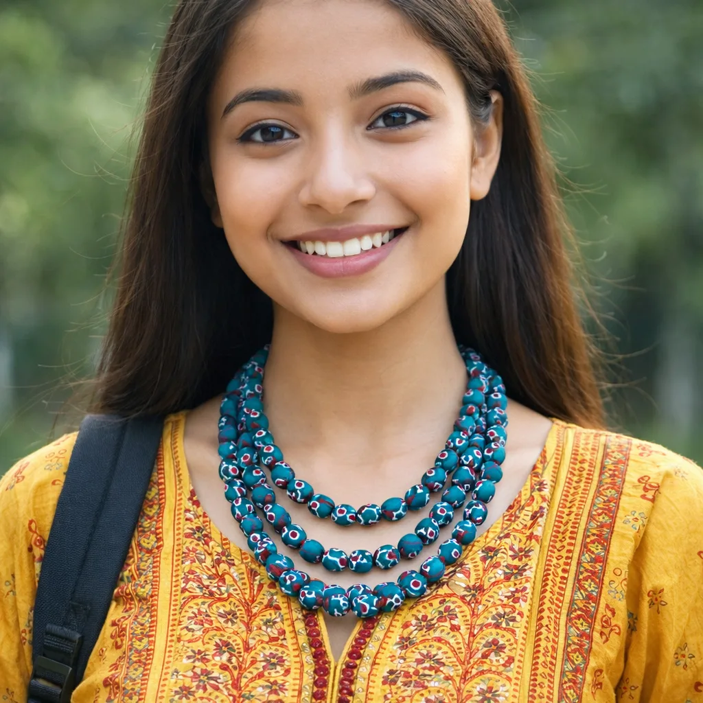 Indian woman wearing teal floral fabric bead multi-layer necklace with traditional yellow kurta