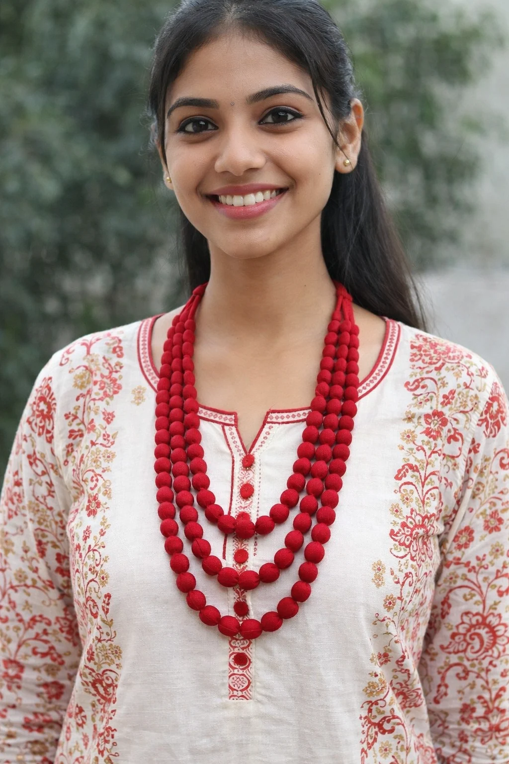 Indian woman wearing handmade red fabric bead multi-layer necklace with traditional kurta outfit