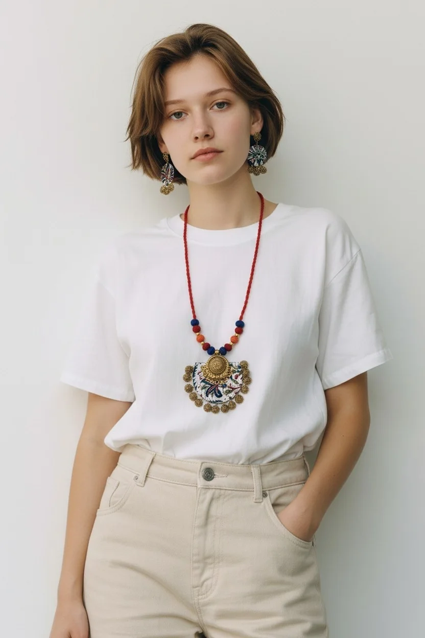 Woman wearing handmade terracotta necklace set with floral pendant and matching earrings, styled with white t-shirt and neutral pants in minimalist background