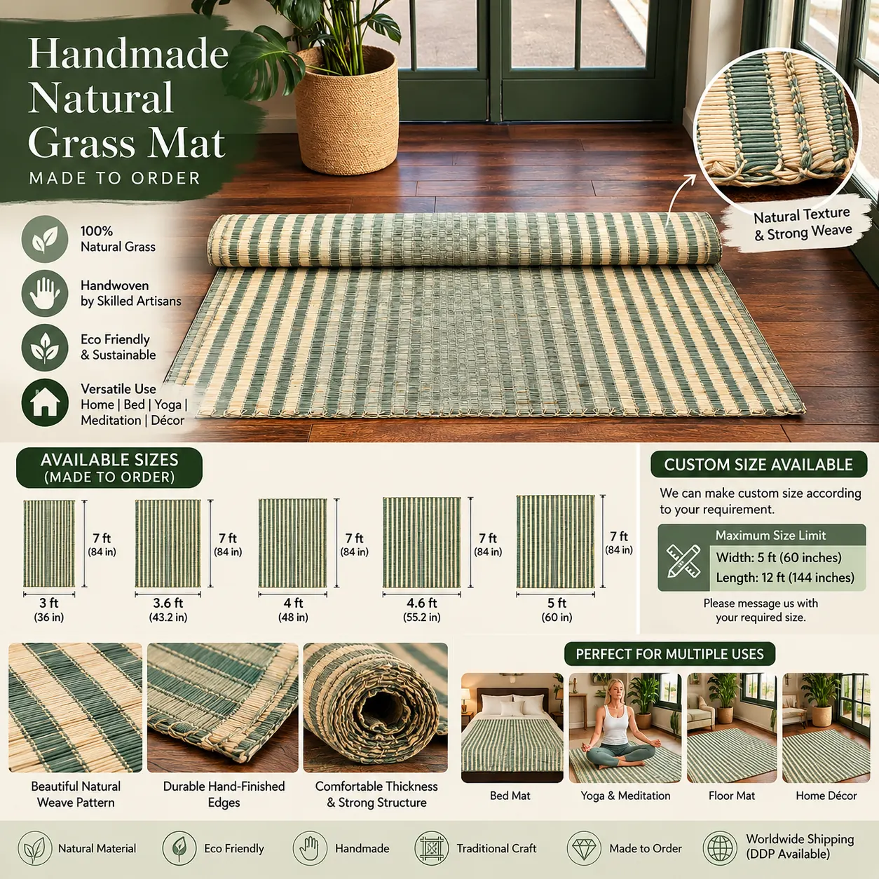 “Bhumikart infographic showcasing a handmade natural grass mat with green and cream stripes, natural woven texture, hand-finished edges, available sizes from 3 to 5 feet wide, custom sizes up to 5 feet wide and 12 feet long, and uses for beds, yoga, meditation, floors and home décor.”