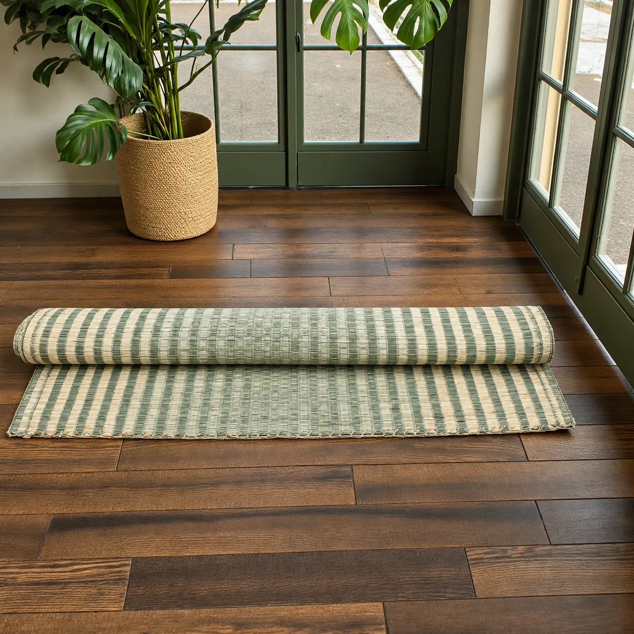 “Handmade natural grass mat with green and cream stripes, partially rolled on a dark wooden floor beside a large indoor plant and glass doors, showing its handwoven texture and finished edges.”